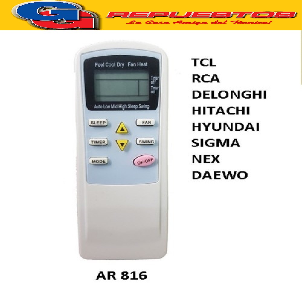 CONTROL REMOTO AIRE ACONDICIONADO SPLIT AR816 TCL RCA DELONG HI HITACHI HYUNDAI SIGMA NEXT DAEWO PE-AA3 KELVINATOR.A416