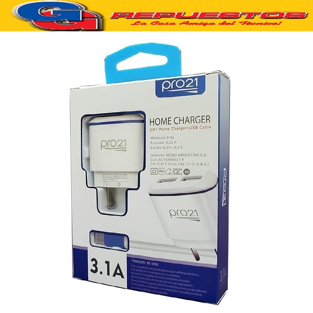 CARGADOR CELULAR PRO21 - 3.1A - V8 BLANCO