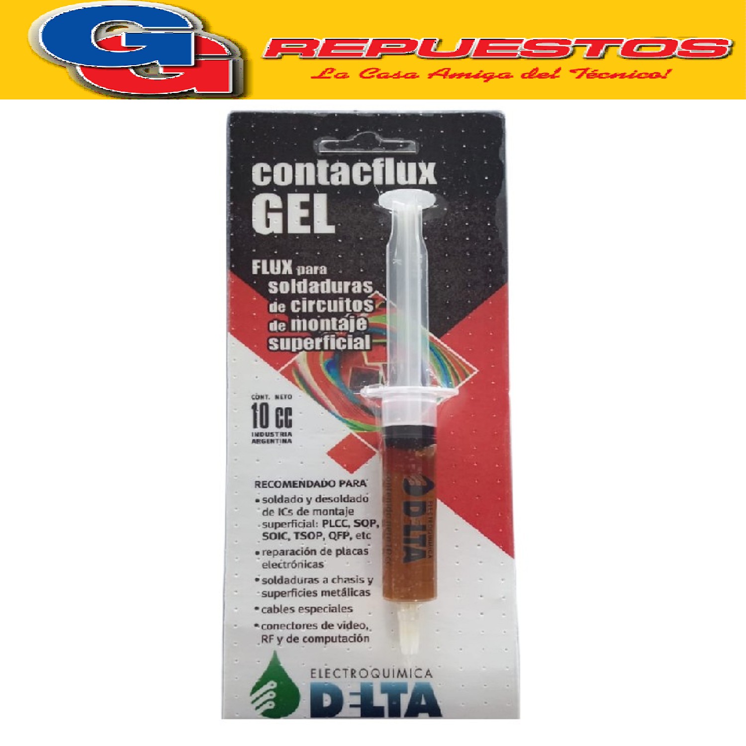 FLUX JERINGA CONTACFLUX GEL 10CC FLUX GEL PARA SOLDADURAS DE CIRCUITOS DE MONTAJE SUPERFICIAL. EVITA LA OXIDACIÒN DE LAS PISTAS DE COBRE EN CIRCUITOS IMPRESOS Y PERMITE OBTENER SOLDADURAS BRILLANTES Y CONFIABLES. DURANTE EL SOLDADO, DISMINUYE LA TENSIÒN SUPERFICIAL DEL ESTAÑO Y LA TEMPERATURA DE FUSIÓN, EVITANDO EL DETERIORO DE COMPONENTES, TRAZAS Y TERMINALES.