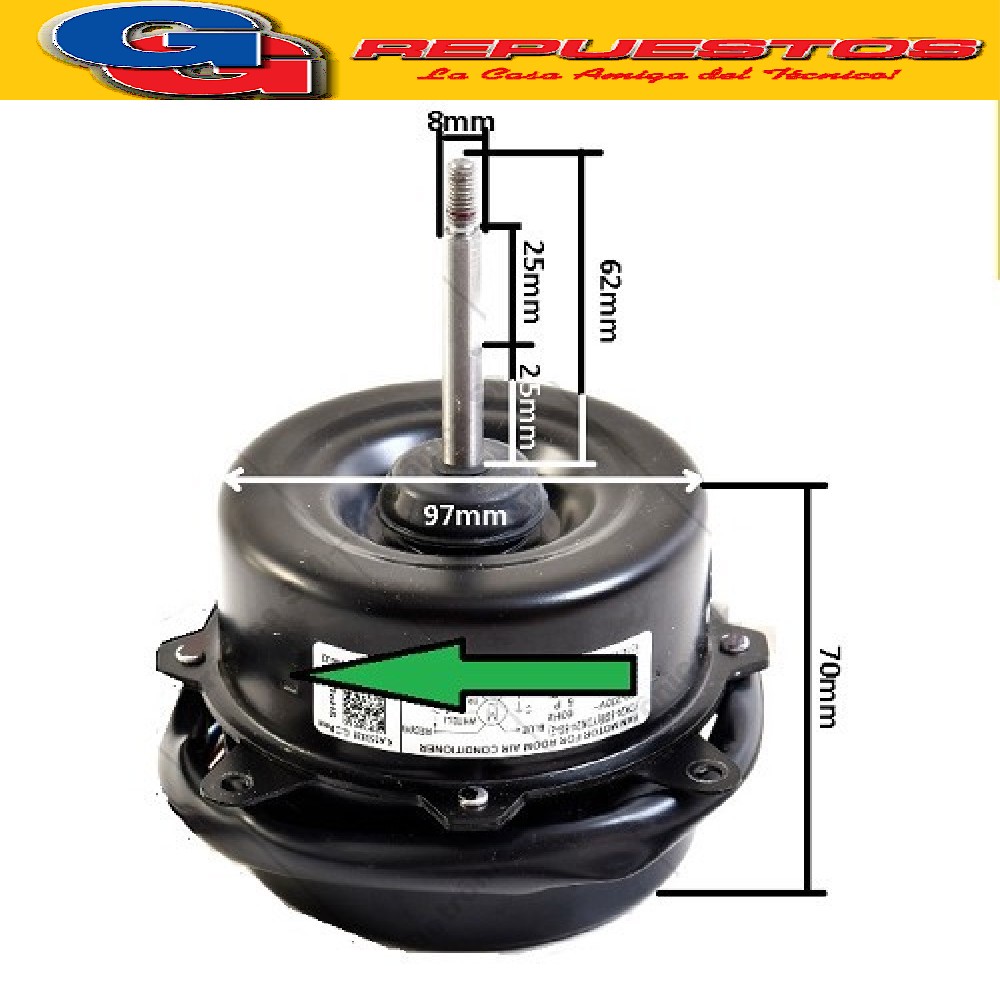 FORZADOR MOTOR CONDENSADOR AIRE ACONDICIONADO GUANGDONG 24W- 0.30A- 6 POLOS (DIAM. EJE 8MM / LARGO EJE 62MM / DIAM. MOTOR / 97MM / ALTO MOTOR 70MM) GIRO HORARIO