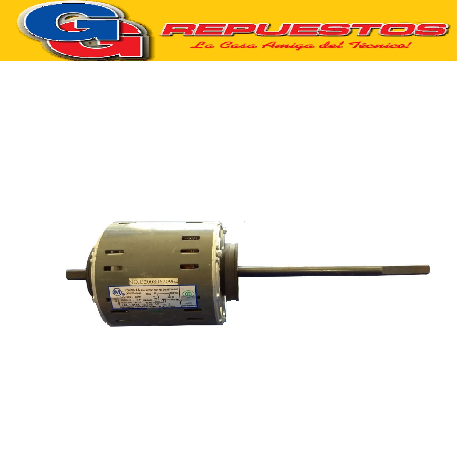 FORZADOR MOTOR CONDENSADOR AIRE ACONDICIONADO  YSK80-4A-2 80 w-0.59mm-4polos (DIAM. EJE 12MM / LARGO EJE DELANTERO 224MM / LARGO EJE TRASERO 30MM / DIAM. MOTOR 123.4MM / ALTO MOTOR 101MM) GIRO ANTIHORARIO COMPACTO VENTANA