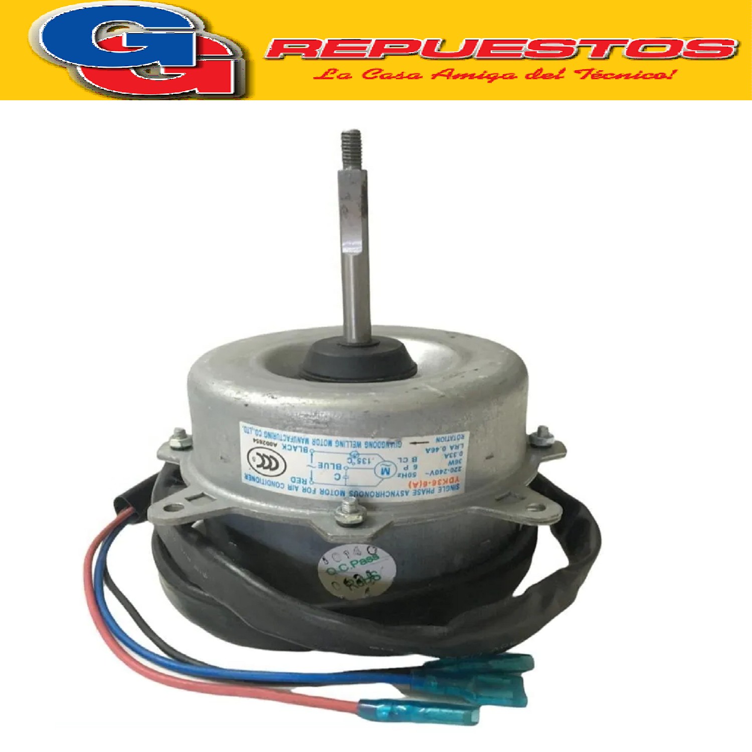 FORZADOR MOTOR CONDENSADOR AIRE ACONDICIONADO SPLIT (YDK36-6 ) 36W-0.31A-6Polos SENTIDO HORARIO [[EJE Ø8mm / LARGO EJE 60mm / ANCHO MOTOR 45mm / ALTO MOTOR 75mm]]