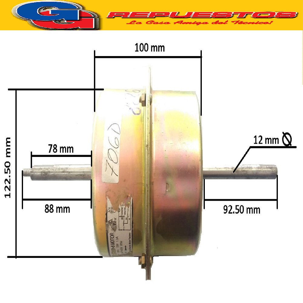 FORZADOR MOTOR CONDENSADOR AIRE ACONDICIONADO GIRO ANTIHORARIO (YSK70-6) 70W 1A CAP 5uf [[EJE Ø12mm / LARGO EJES 92.50mm Y 88mm / ANCHO MOTOR  122.50mm / ALTO MOTOR 100mm]] 706D DOBLE EJE COMPACTO VENTANA