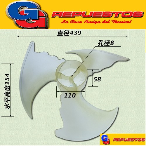 HELICE PALA CONDENSADORA AIRE SPLIT 3 ASPAS 439X154 SENTIDO  HORARIO EJE MEDIA CAÑA 8MM 43.9 CM X 15.4 CM ALTO