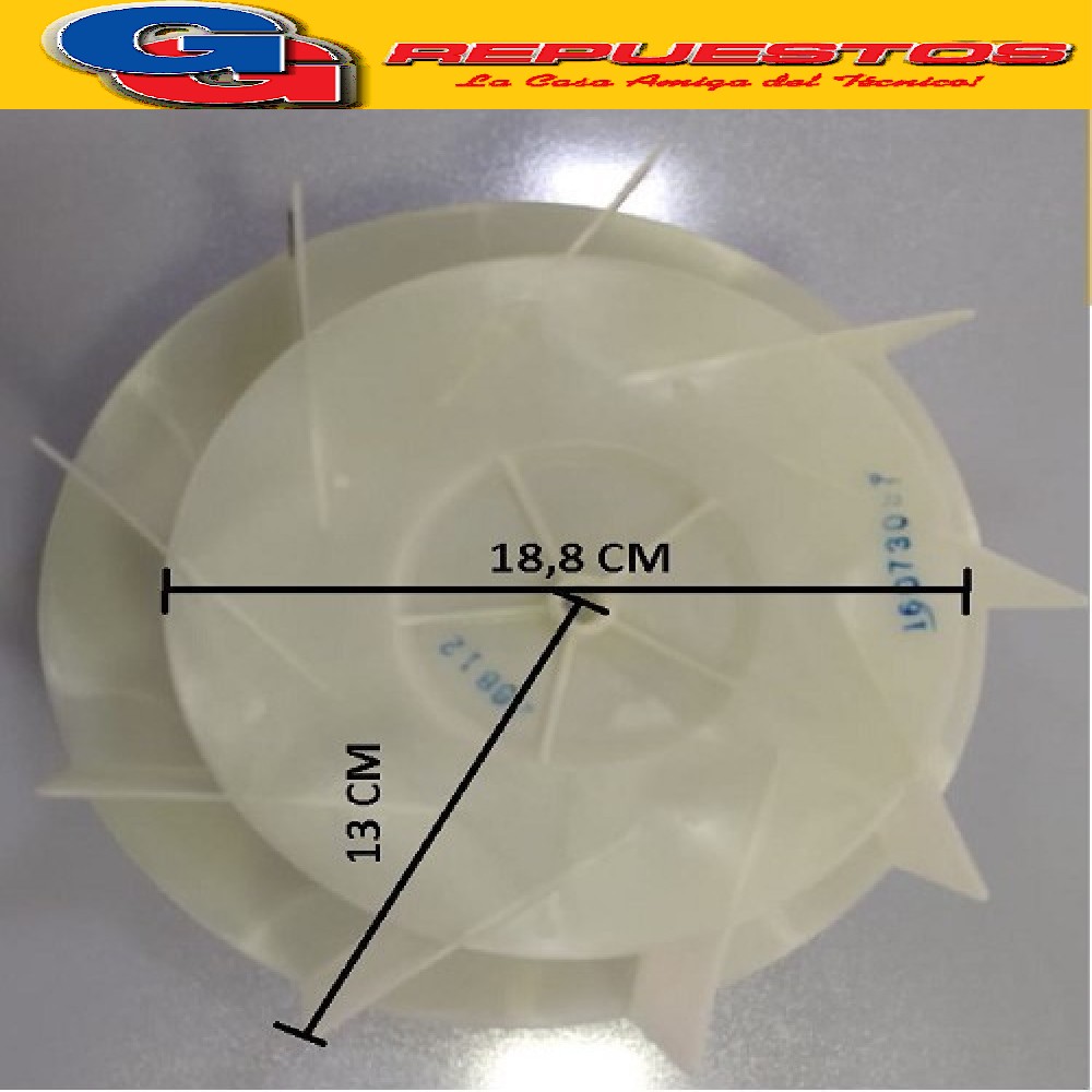 HELICE PALA CONDENSADORA AIRE SPLIT 9 ASPAS 257X100 EJE  MED IA CAÑA 10 MM. DIAMETRO 25.7 CM ANCHO ACOSTADA 10CM CENTRO A PALETA 13 CM. PALETA TURBINA