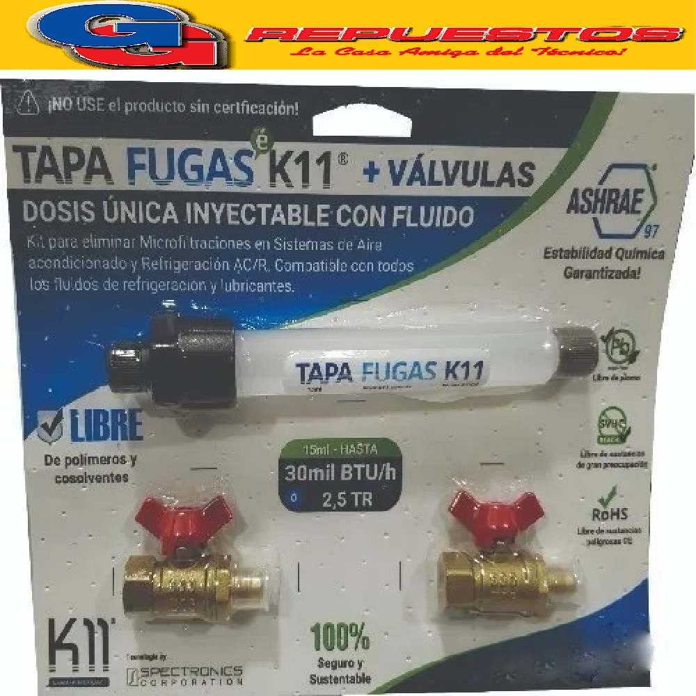 SELLAFUGAS K11 KIT TAPA FUGAS 15ML  PARA REFRIGERACION CON V ALVULAS - Tapa Fugas K11 15ml Heladera Y Aire Acondicionado SELLADOR DE FUGA - PERDIDA DE GAS - LIBRE DE POLIMEROS Y COSOLVENTES 15ml HASTA 30mil BTU/h 2.5TR