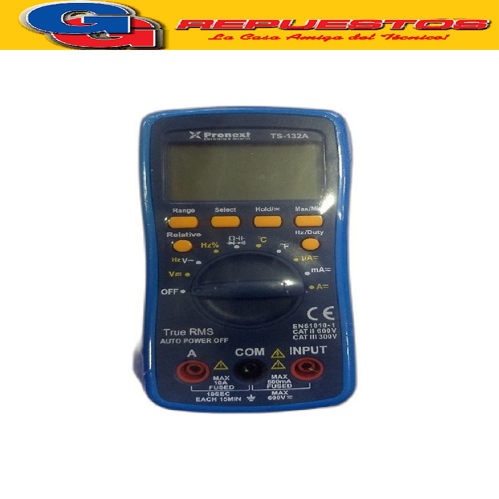 TESTER AUTORANGO TS 132A Utiliza 3 pilas AAA (no Incluidas)  Mediciones y Rangos:
DCV: 400m-4-40-400-600V ±0.5%
ACV: 400m-4-40-400-600V ±1.0%
DCA: 40u-400u-4m-40m-400m-4-10A ±1.8%
ACA: 40u-400u-4m-40m-400m-4-10A ±2.0%
Resistance: 400-4K-40K-400K-4M-40Mohm ±1.0%
Capacitance: 40n-400n-4u-40u-400uF- 2mF ±4.0%
Frequency: 5-5MHz ±3.0%
Temperature: -20ºC~1000ºC/-4ºF~1832ºF ±2.0%
Duty cycle: 0.1%-99.9% ±0.1%
