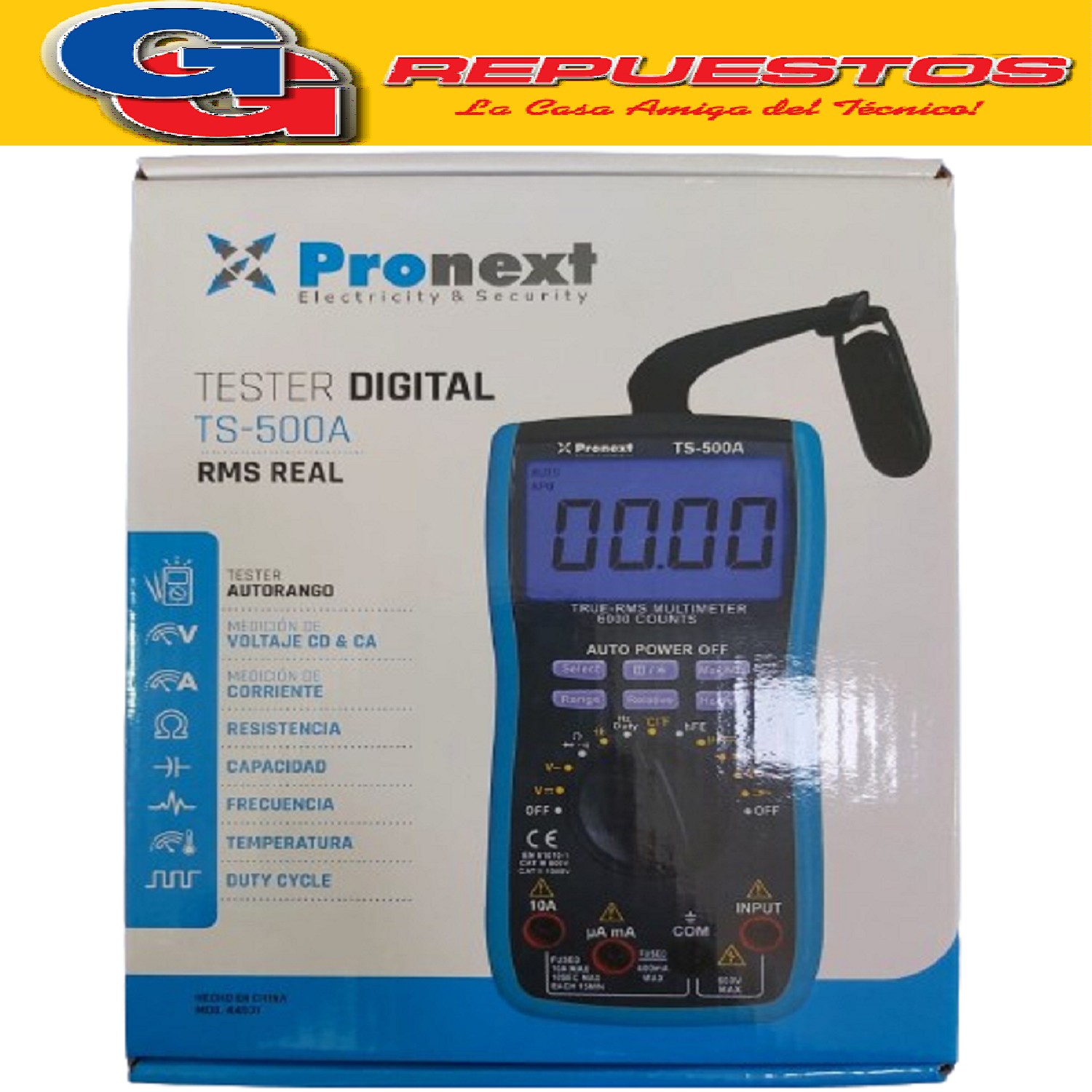 TESTER AUTORANGO Y CON SUJETADOR TS 500A Utiliza batería de  9V (no Incluida)
