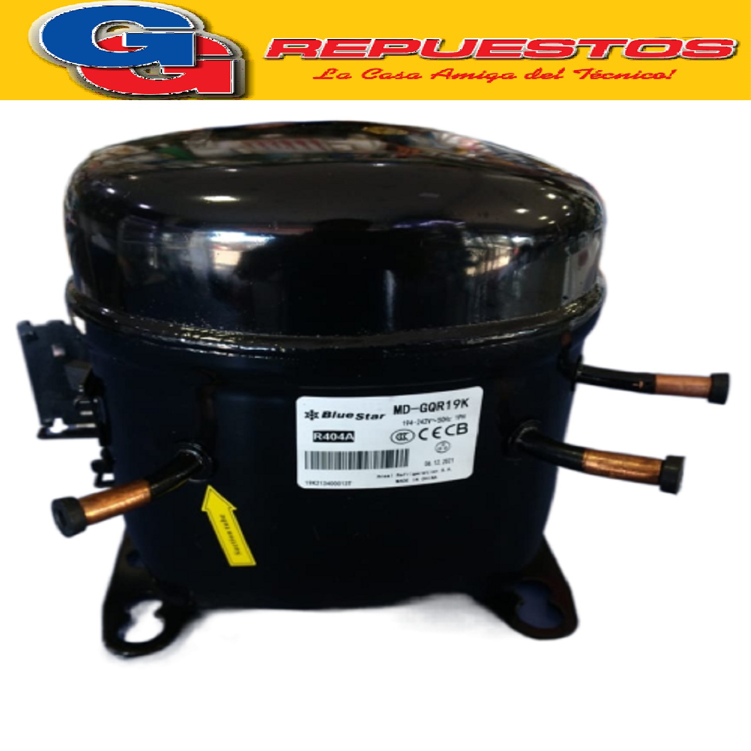 MOTOCOMPRESOR BLUESTAR 3/4+HP MD-GQR19K 920W PARA GAS R404 O R22 CON CAPACITOR DE ARRANQUE 80uF Y CAPACITOR DE TRABAJO 10uF INCLUIDOS PARA MEDIA Y BAJA TEMPERATURA