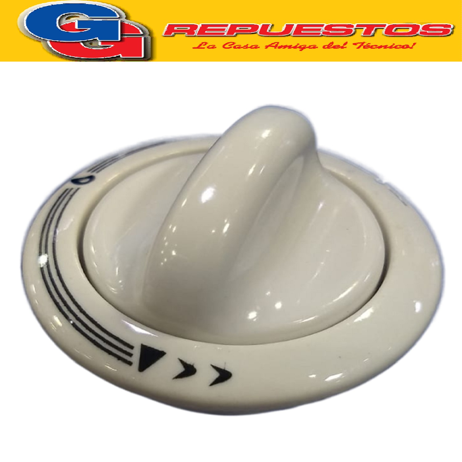 VOLANTE PERILLA COCINA WHIRLPOOL GIRATORIA BLANCA Ø EJE 6 MM / INDICADOR NEGRO / PERILLA  CON ARO Y RESORTE / DIAMETRO DEL EJE 6 MM