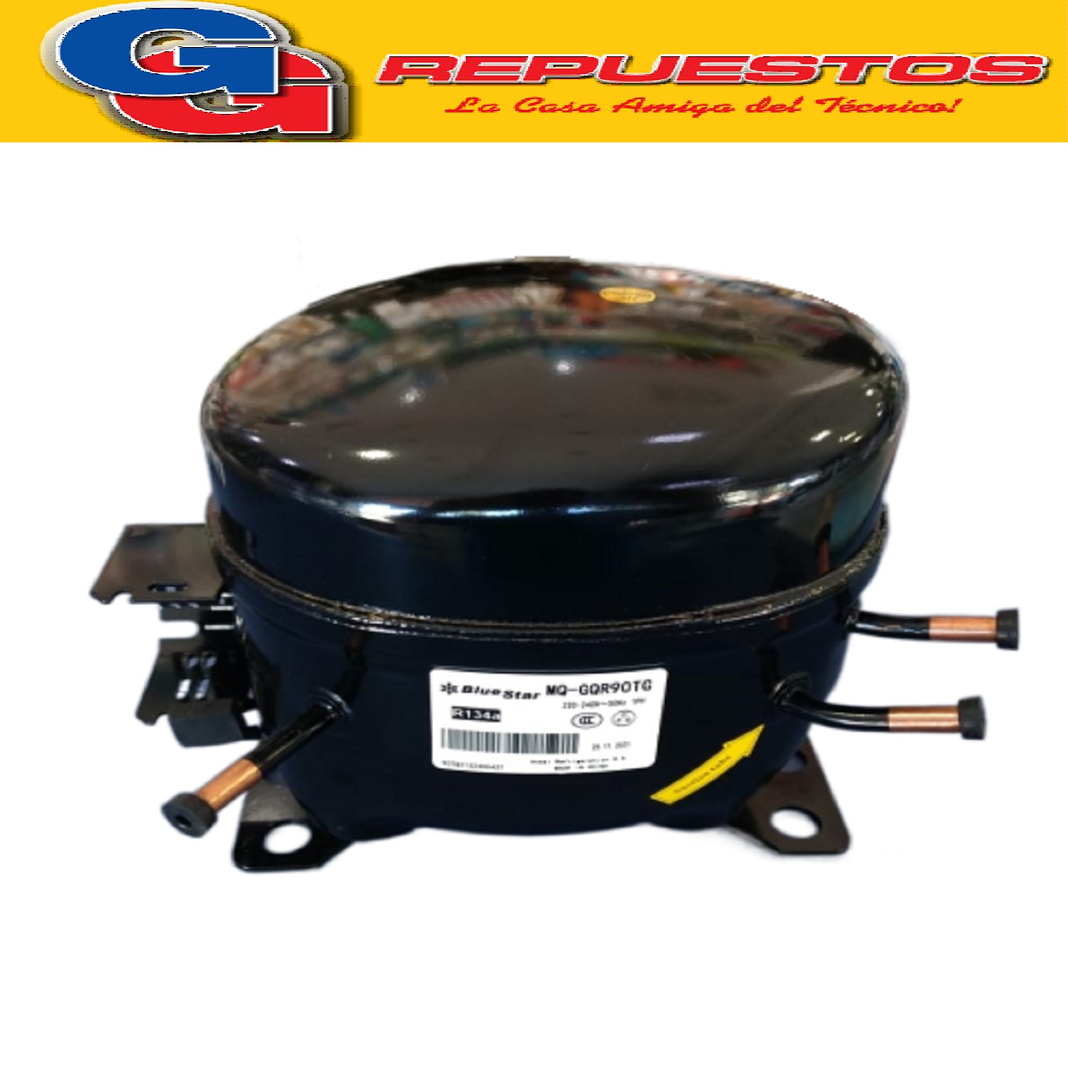 MOTOCOMPRESOR BLUESTAR 1/3 HP COMERCIAL PARA GAS R134 MQG QR 9R90TG 880W MEDIA TEMPERATURA CON CAPACITOR DE ARRANQUE 50uF 