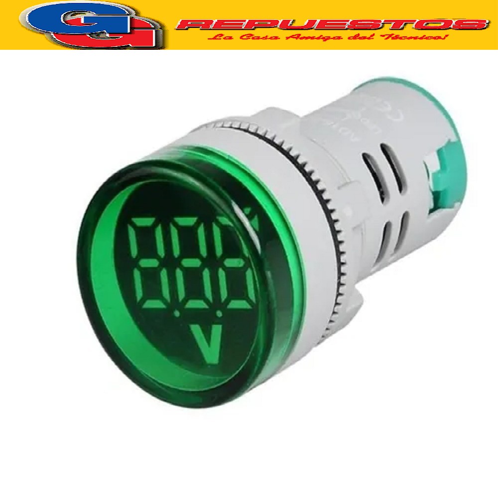 VOLTIMETRO  VERDE 20- 500V 22MM. DIAMETRO DE MONTAJE: 22MM.  RANGO DE MEDICION DEL VOLTAJE: AC 20-500V. RANGO DE MEDICION DE FRECUENCIA: 50-60HZ. PRECISION:2%+-V. RESOLUCION DE PANTALLA: 1V. PERDIDA DE POTENCIA DEL CIRCUITO DE ENTRADA: <2VA. FRECUENCIA DE MUESTREO: APROXIMADAMENTE 1 VEZ. SIN SEÑAL DE ENTRADA DE MENSAJE: DISPLAY 000. LARGO DEL CABLE DEL TRANSFORMADOR: 50CM.