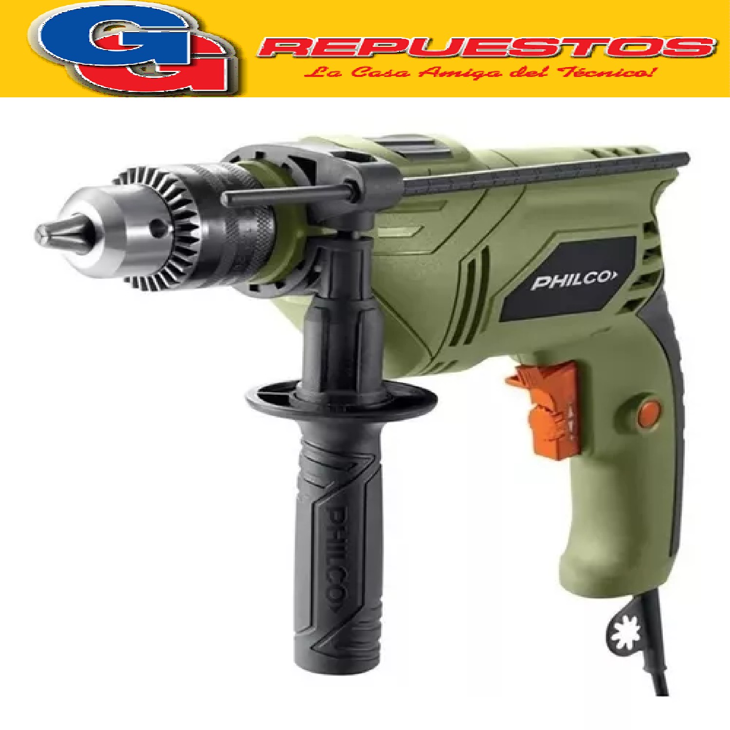 TALADRO PERCUTOR 13MM 710W PHILCO 3000 RPM CONTROL DE  VELOC IDAD ELECTRONICO DIAMETRO MAXIMO DEL MANDRIL 13 MM INTERUTOR DE BLOQUEO PARA USO CONTINUO SENTIDO DE GIRO REVERSIBLE MONTADO SOBRE RULEMANES 