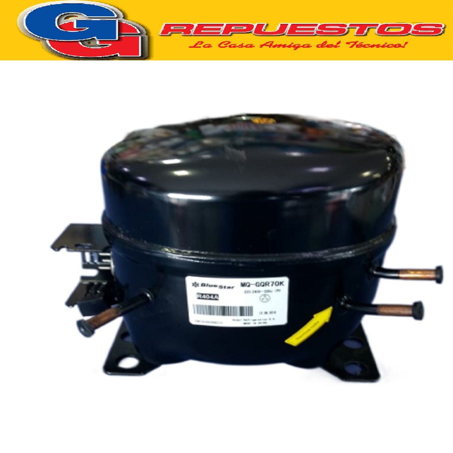 MOTOCOMPRESOR BLUESTAR 1/4+ HP MQGQR70K PARA GAS R404 O R22  DE 380W CON CAPACITOR DE 50uF