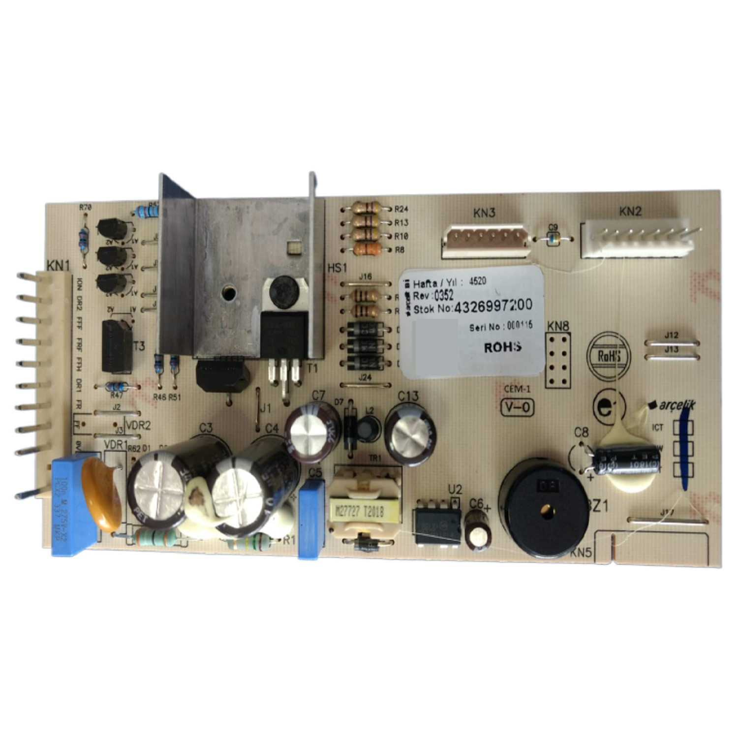 PLAQUETA HELADERA NO FROST SIAM HESI620SBS HESI620SS-HSB620- ATMA SIDE BY SIDE/ DOBLE PUERTA CON DISPENSER (ORIGINAL). Cod.Origen: 4326997200 (SIAM - ATMA - PHILCO - MIDEA) CONTROL BOARD ASSY G92612NE
4326992285 (BEKO) Placa principal o de control HE SI620SS-HE SI620SBS
Produttore: ROHS (Seri No 000647) CONTROL BOARD ASSY_G92612NE
Rev.0352 Hafta Ys (4517)