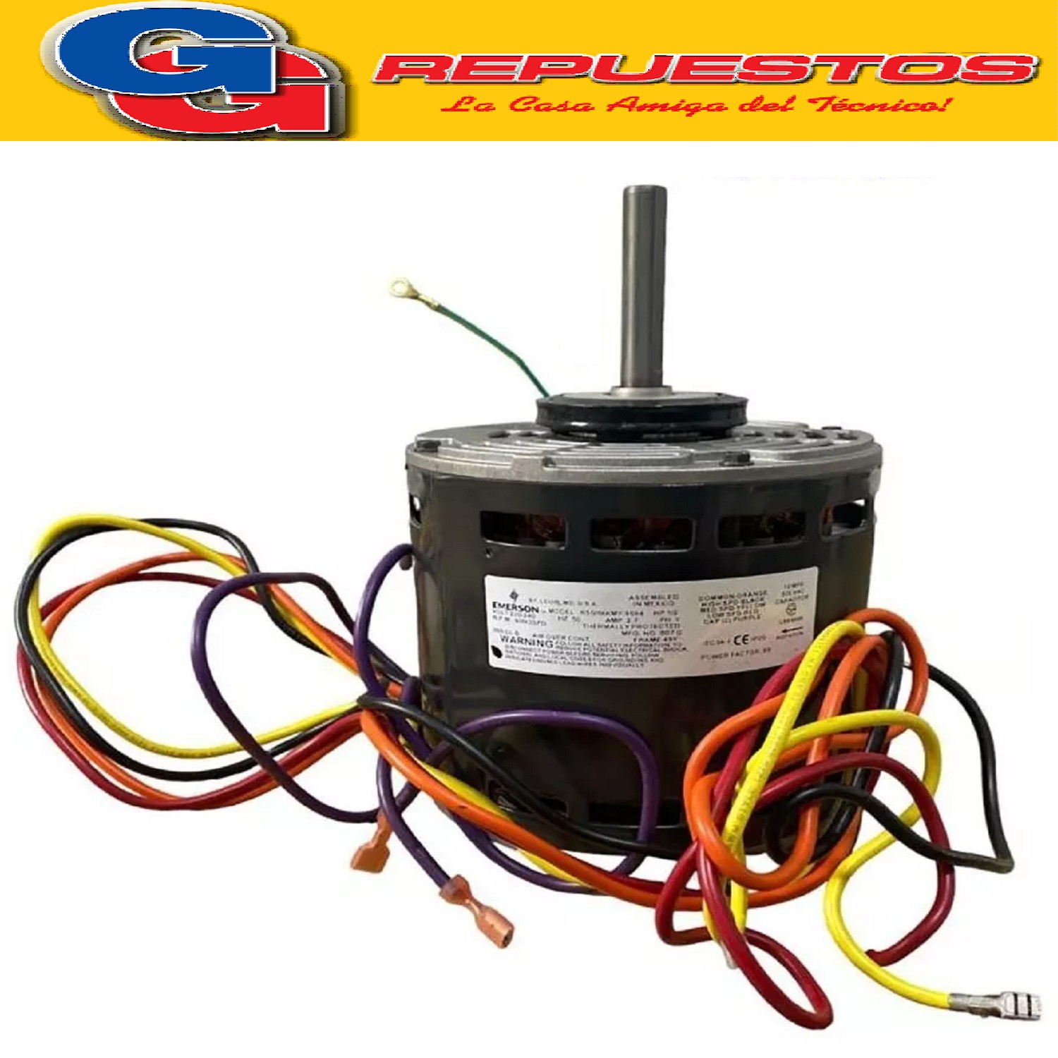 MOTOR PARA CONDENSADOR AIRE ACONDICIONADO PISO TECHO K55HXKM Y-9694 MARCA EMERSON 220-240V 900RPM 900/3SPD 50HZ 2.7A 1/2HP 1PH LLEVA CAPACITOR DE 10uF COMMON-ORANGE / HIGH SPEED - BLACK / MED SPEED - YELLOW / LOW SPEED - RED / CAPACITOR PRUPLE EJE MEDIA CAÑA 12.7MM GIRO HORARIO FORZADOR