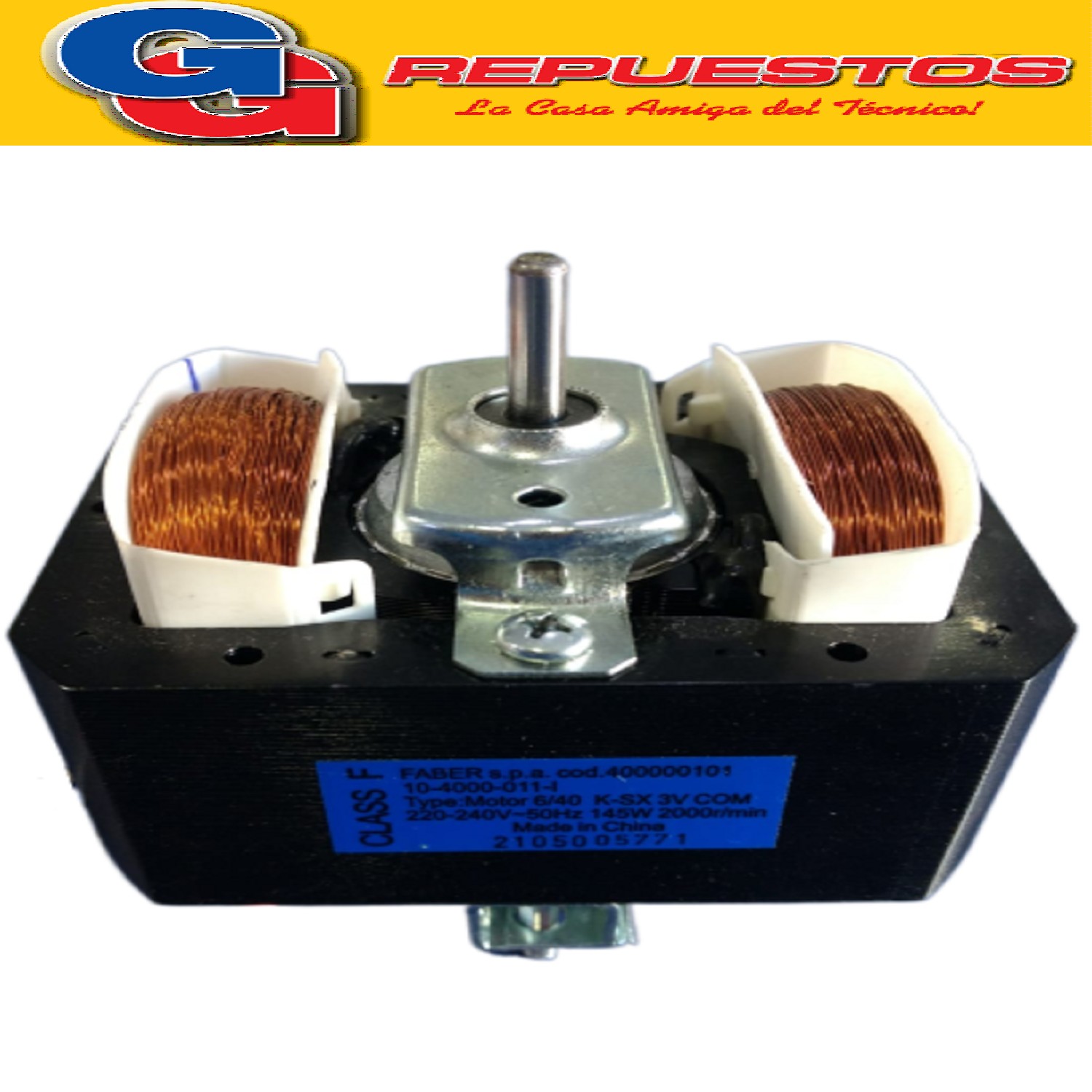 MOTOR PARA PURIFICADOR SPAR 145W J40 SX EJE DE 5MM ORIGINAL   FABER 400000101 MOTOR EXTRACTOR PARA LA LINEA DE SPAR Y BIOS GIRO A LA DERECHA TYPE: MOTOR 6/40 K-SX 3V COM 220-240V 50HZ 145W 2000R/MIN
CLASS F