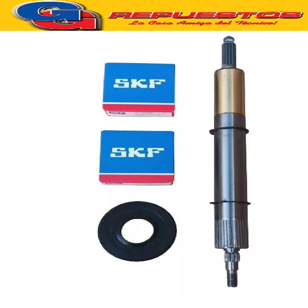 KIT REPARACION EJE LAVARROPAS DREAN CONCEPT 5.05 FUZZY TECH  CON RETEN Y RULEMAN ORIGINAL Kit:
1 Eje Largo 26 cm / Punta Polea 3,2 cm
1 Rodamiento 6205 2RS C3 SKF ORIGINAL
1 Rodamiento 6205  2RS C3 SKF ORIGINAL
Numero de Reten 11198 MARCA SAV ORIGI