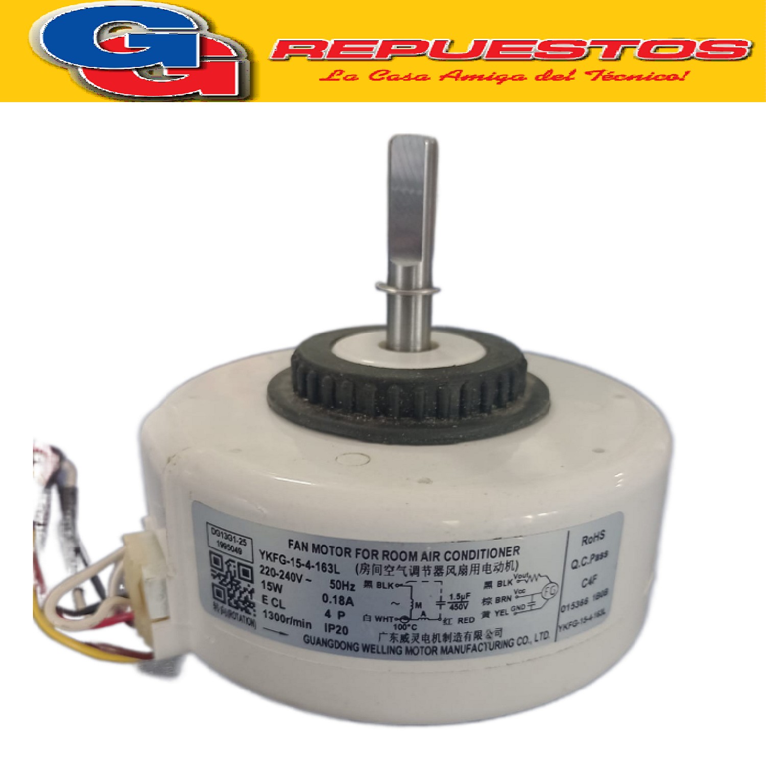 FORZADOR MOTOR EVAPORADOR AIRE ACONDICIONADO SPLIT  YKFG-15  -4-163L 220-240V 15W 0.18A 4 POLOS 1300RPM CAPACITOR 1.5uF 450V GIRO ANTIHORARIO  EJE DE 8 MM CON PG