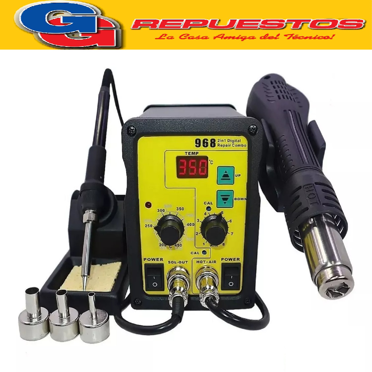 ESTACION DE SOLDADO SARASANTO SS-E450-K CON CONTROL DE TEMPE RATURA Y AIRE CALIENTE LK968. Estación de soldadura Digital con control de temperatura y caudal variable. Con terminación de alta calidad, el soldador posee una potencia de 50 watts en el lápiz y 345 watts para el aire caliente que ofrece excelente transferencia de calor desde el calefactor a la punta y de esta a la soldadura. Ideal para la reparación de equipos electrónicos, placas de soldaduras, el desmontaje y montaje integrados 