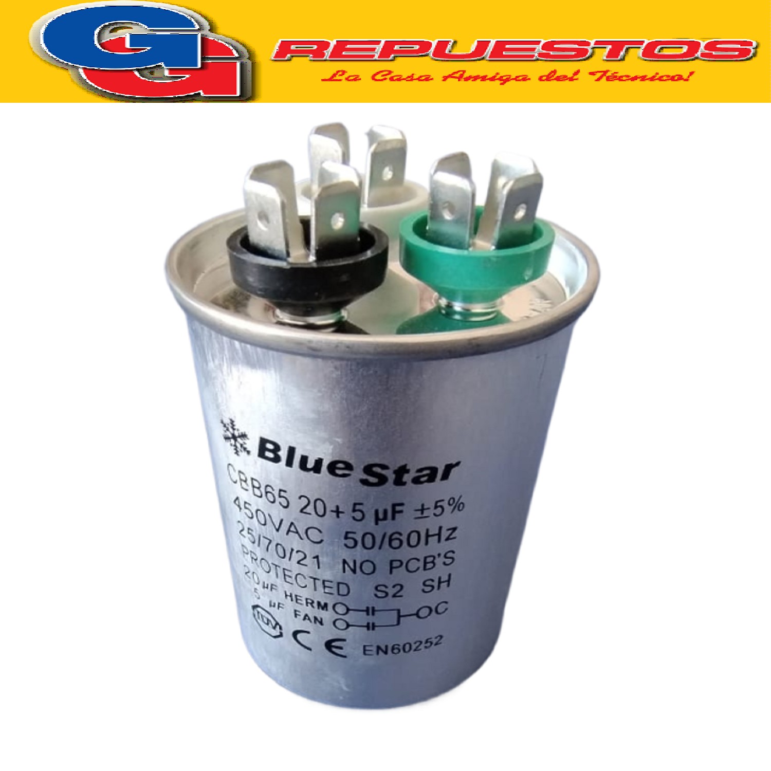 CAPACITOR DUAL DOBLE 20 + 5 / 450V MARCA BLUESTAR PARA AIRE  ACONDICIONADO CBB65