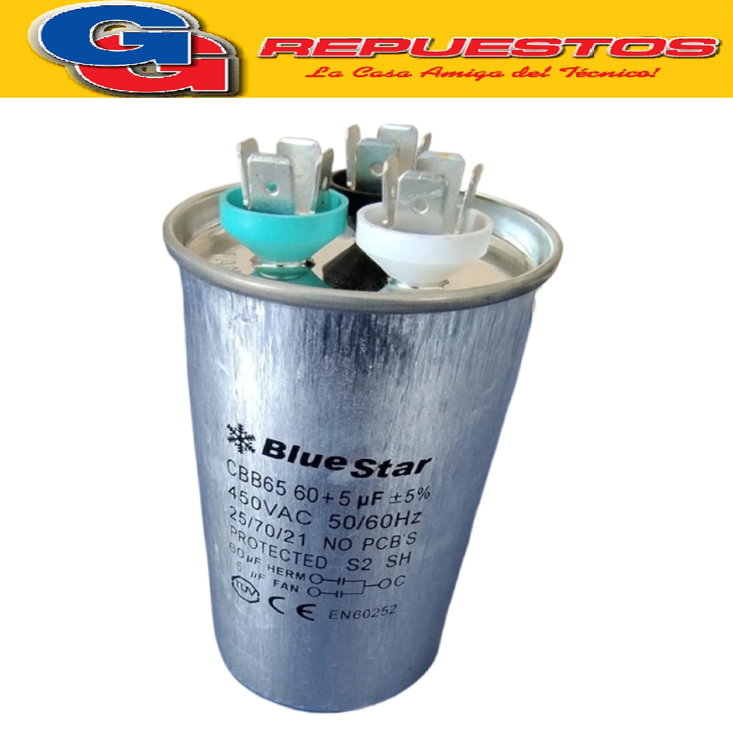 CAPACITOR DUAL DOBLE 60 + 5 / 450V MARCA BLUESTAR PARA AIRE  ACONDICIONADO CBB65