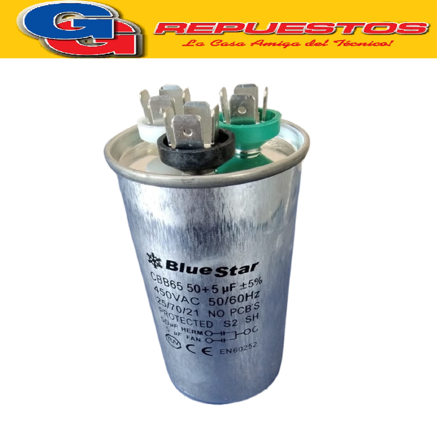 CAPACITOR DUAL DOBLE 50 + 5 / 450V MARCA BLUESTAR PARA AIRE  ACONDICIONADO CBB65