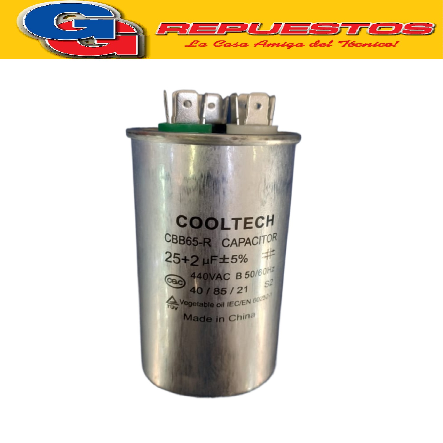 CAPACITOR DUAL DOBLE COOLTECH 25uf + 2uf 440VAC PARA AIRE AC ONDICIONADO