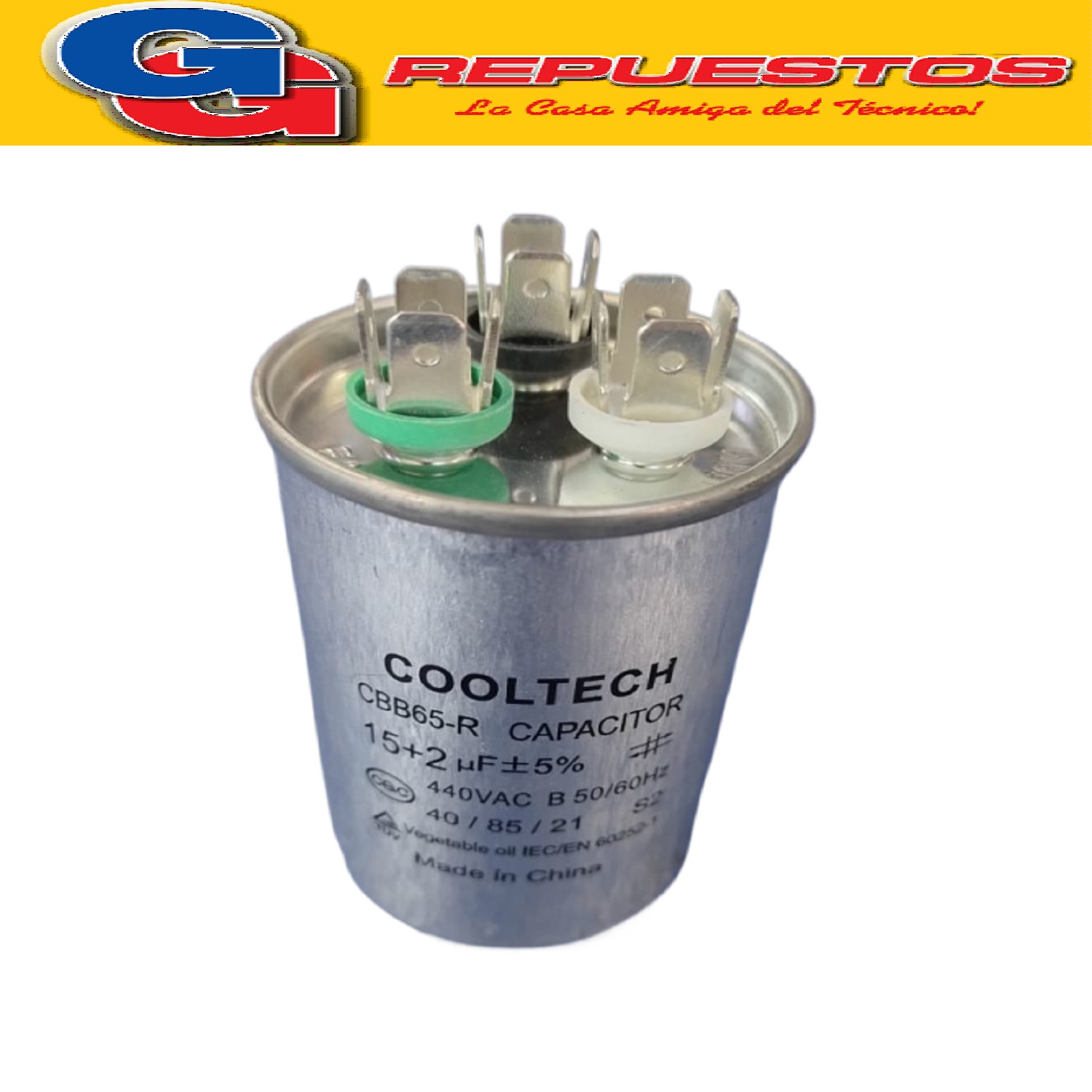 CAPACITOR DUAL DOBLE COOLTECH 15uf + 2uf 440VAC PARA AIRE AC ONDICIONADO