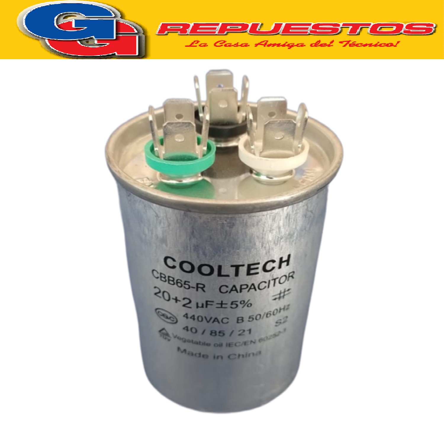 CAPACITOR DUAL DOBLE COOLTECH 20uf + 2uf 440VAC PARA AIRE AC ONDICIONADO