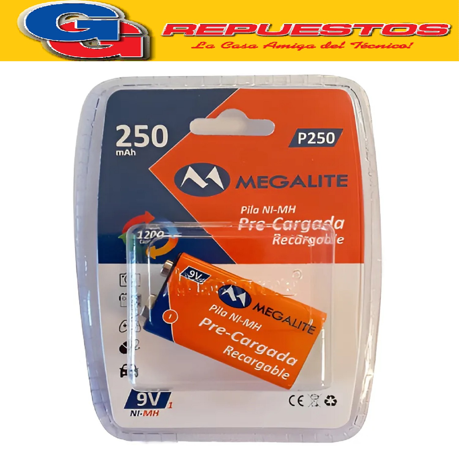 BATERIA 9V PRE-CARGADA RECARGABLE NI-MH (250mAh) MEGALITE 