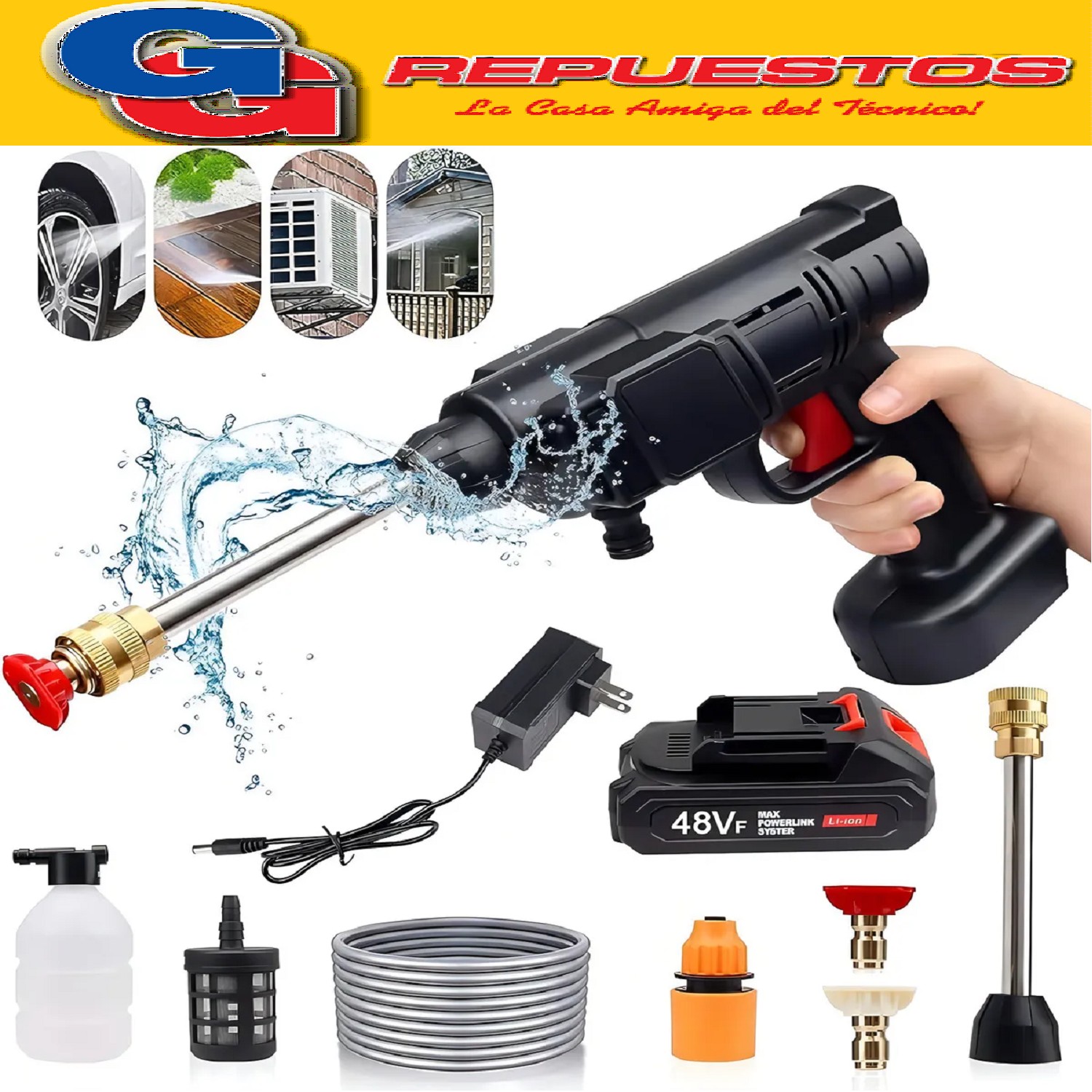 HIDROLAVADORA A BATERIA INALAMBRICA SIN CANILLA MARCA MB  MODELO MB-HI-210 21VCC 150W FLUJO DE AGUA 4LT/MIN PRESION MAXIMA 30 BAR MAXIMA PRESION DE ENTRADA 22 BAR PRESION NOMINAL 22 BAR