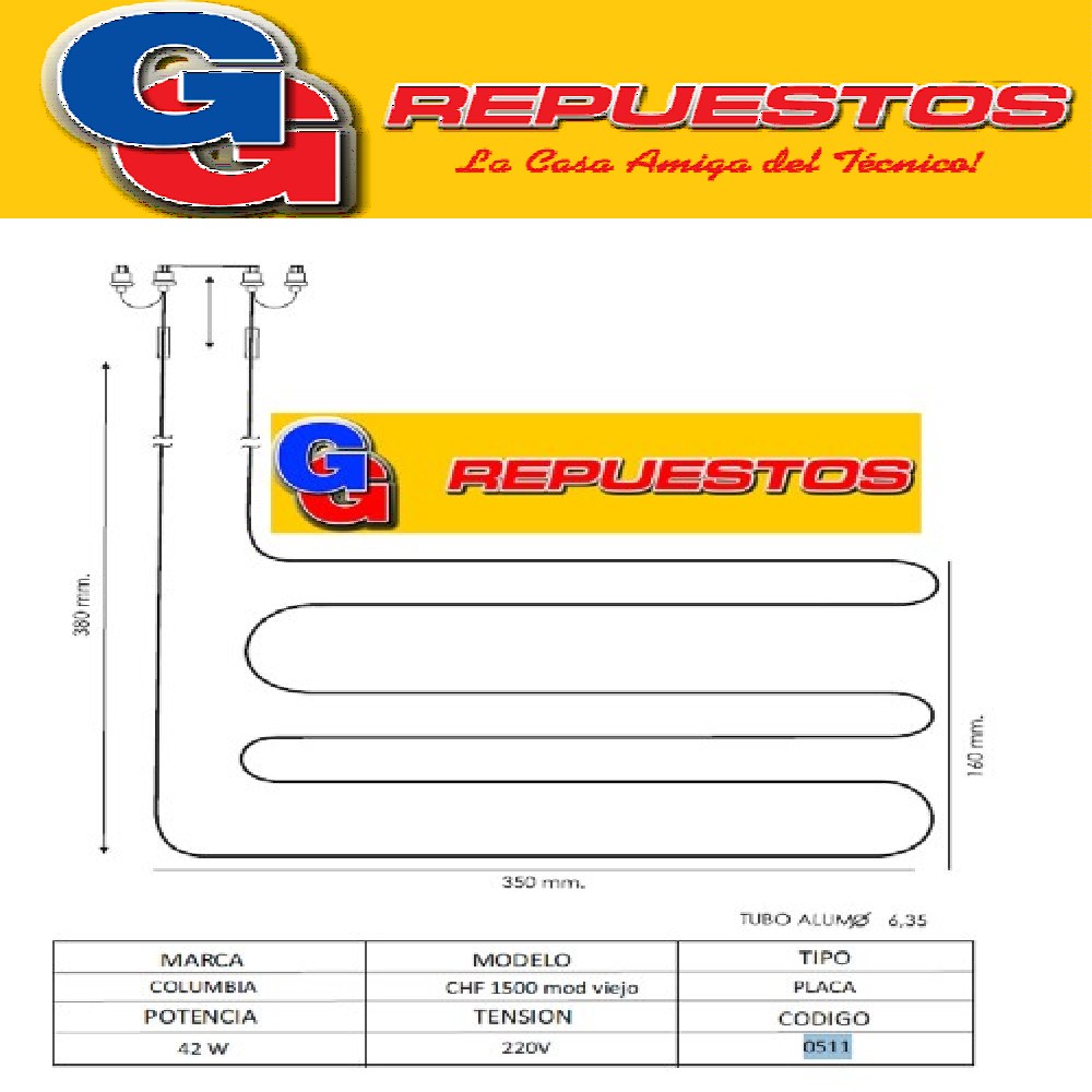 RESISTENCIA ALUMINIO HELADERA COLUMBIA CHF 1500-mod.viejo-05 11 220V 42W