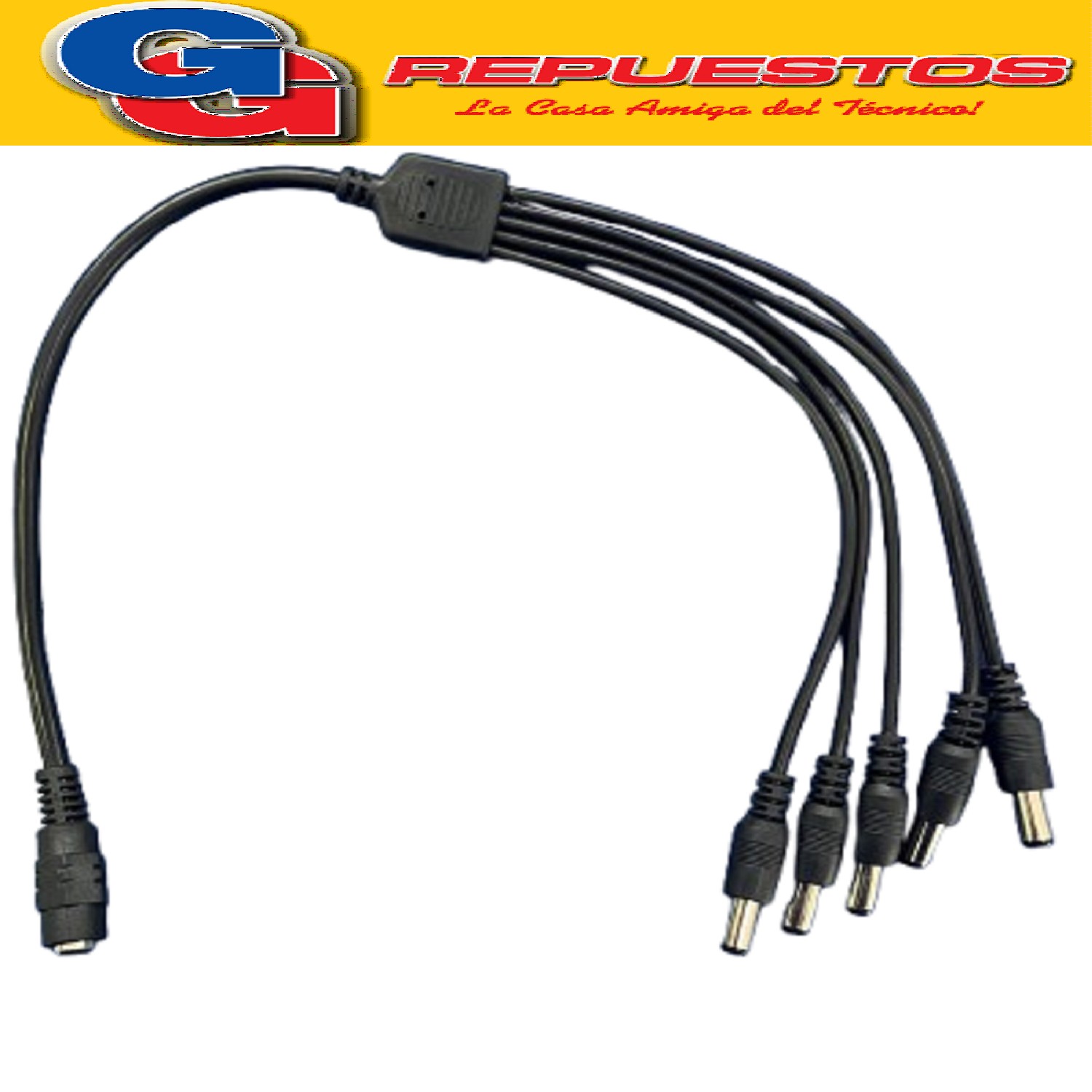 CABLE DC PARA ALIMENTAR CAMARAS DE SEGURIDAD CON 5 FICHA PLU G MACHO DE 2.1MM Y 1 CONECTOR JACK HEMBRA  DE 2.1MM CON 40CM DE LARGO 