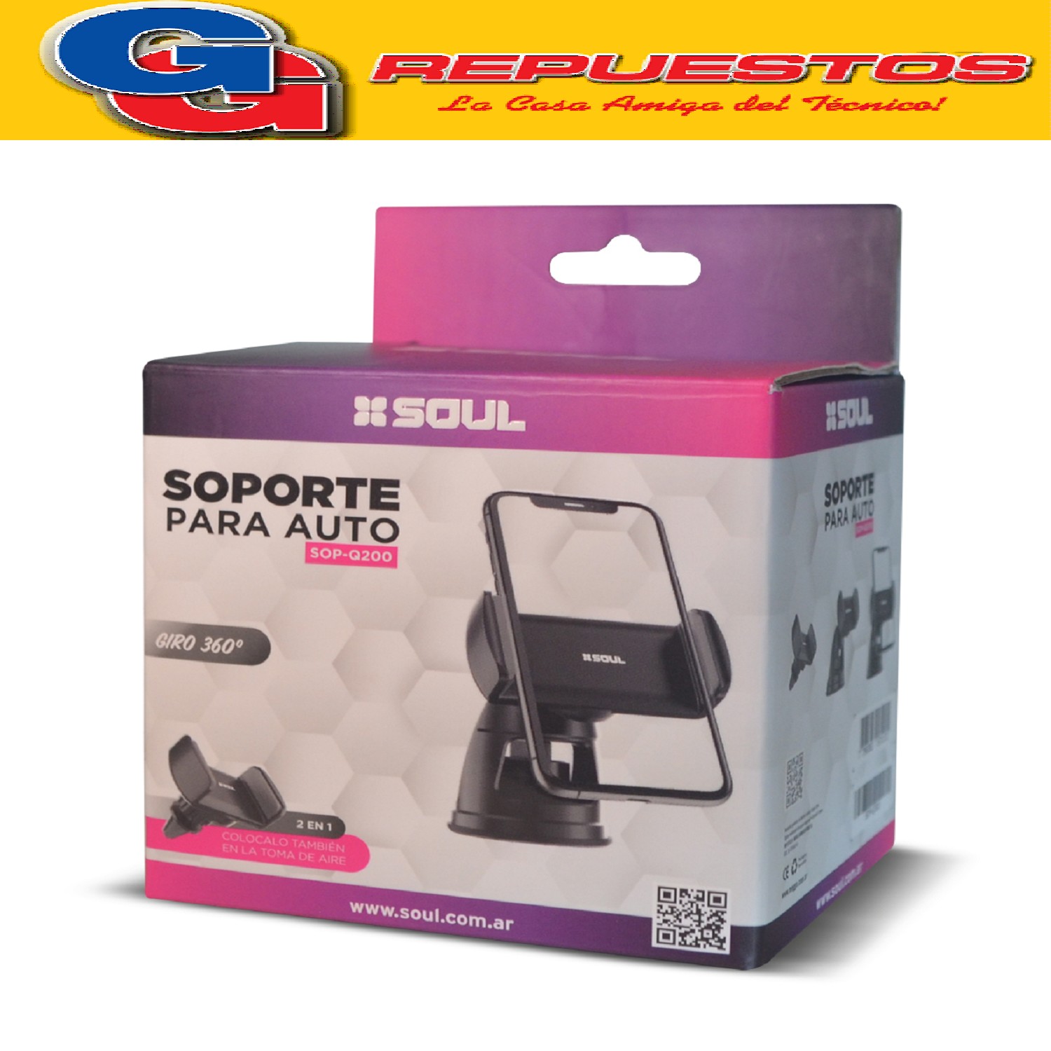 SOPORTE CELULAR UNIVERSAL PARA AUTO SOUL SOP-Q200   GIRO 360º Color Negro 2 EN 1 PARA COLOCAR EN LA TOMA DE AIRE