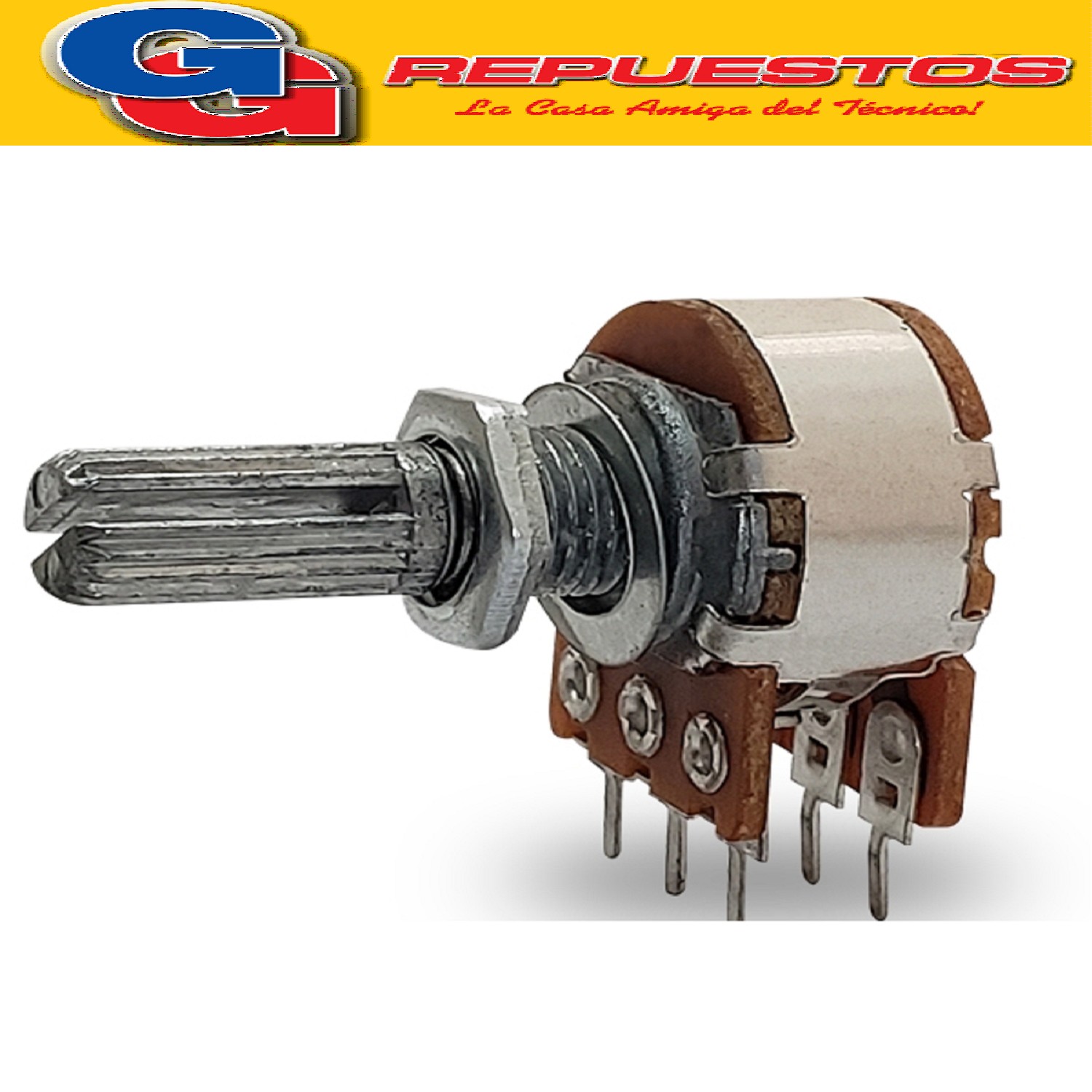 POTENCIÓMETRO ROTATIVO 16MM 90° ESTEREO LOGARÍTMICO EJE ESTR IADO 50K