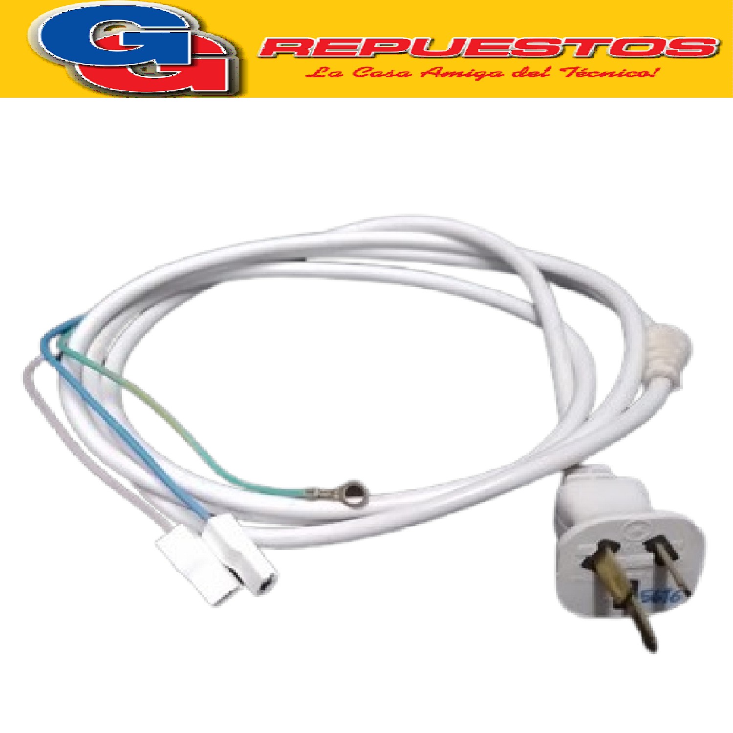 CABLE DE LINEA ALIMENTACION TRIPOLAR ARMADO BLANCO 2 MTS X 0 ,750 MM CON TERMINAL PALA Y TERMINAL OJAL PARA TIERRA