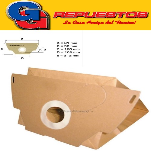 BOLSA ASPIRADORA DE PAPEL ELECTROLUX MONDO x5 unidad.(KW010) LILINA Z1162-1152-1172  A=21.20 cm B=12 cm C=5.20 cM