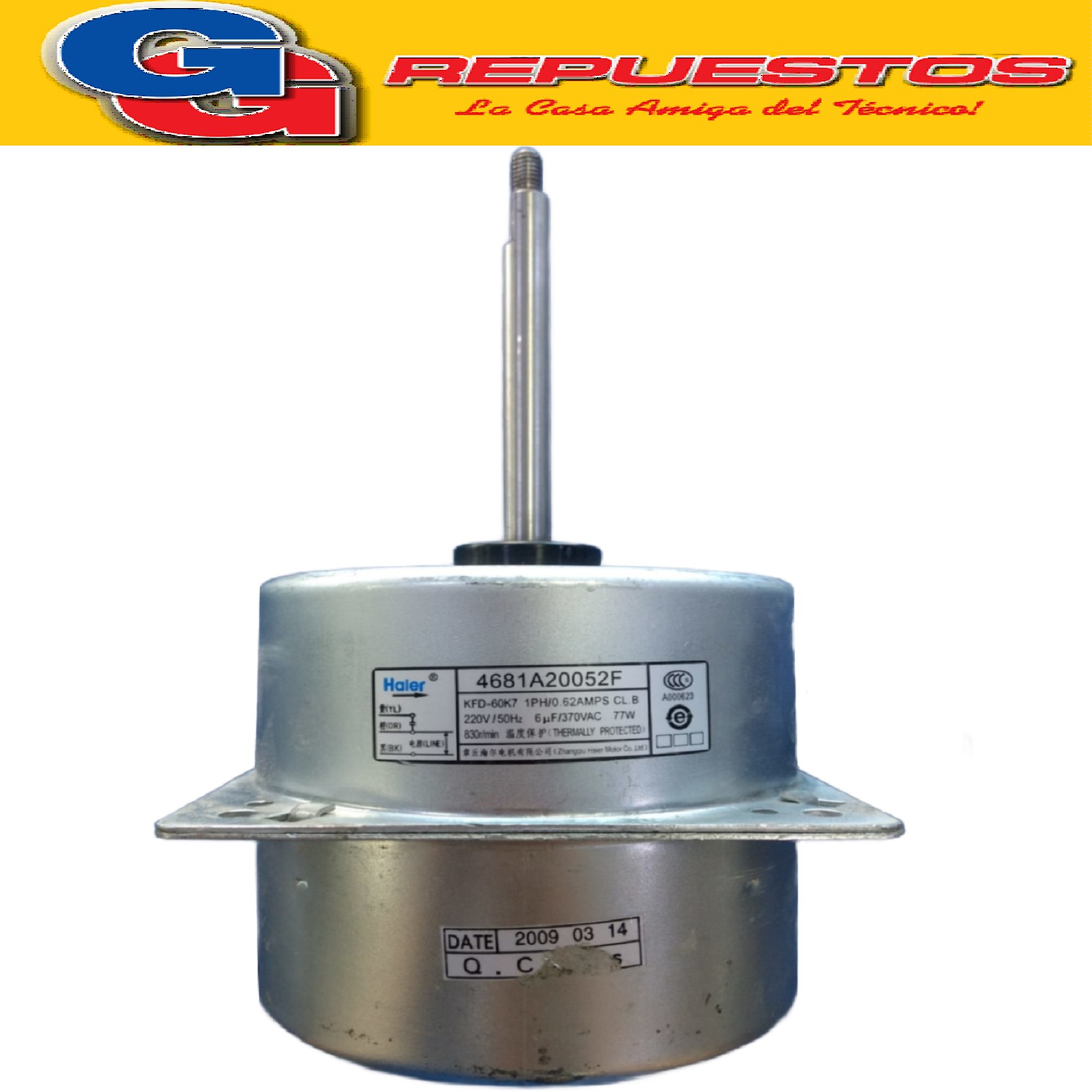 FORZADOR MOTOR CONDENSADOR AIRE ACONDICIONADO KFD-60KT 77W 2 20V / 50HZ / 6uf / 370VAC / 1PH / 0.62A 4681A20052F. DIAMETRO DEL EJE 12MM / ROSCA DE 8MM