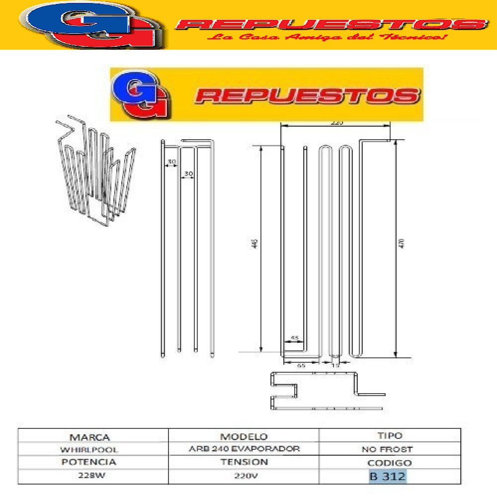 RESISTENCIA DE ALUMINIO DE HELADERA WHIRLPOOL ARB 240 EVAPOR ADOR NO FROST B312 220V 228W