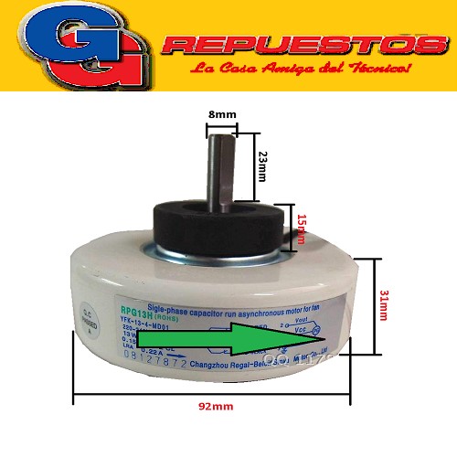 FORZADOR MOTOR EVAPORADOR AIRE ACONDICIONADO SPLIT RPG13H 13w-0.155A-4 POLOS (DIAM. EJE 8MM/LARGO EJE 23mm/ DIAM. MOTOR 92MM/ ANCHO MOTOR 31MM ) GIRO ANTIHORARIO