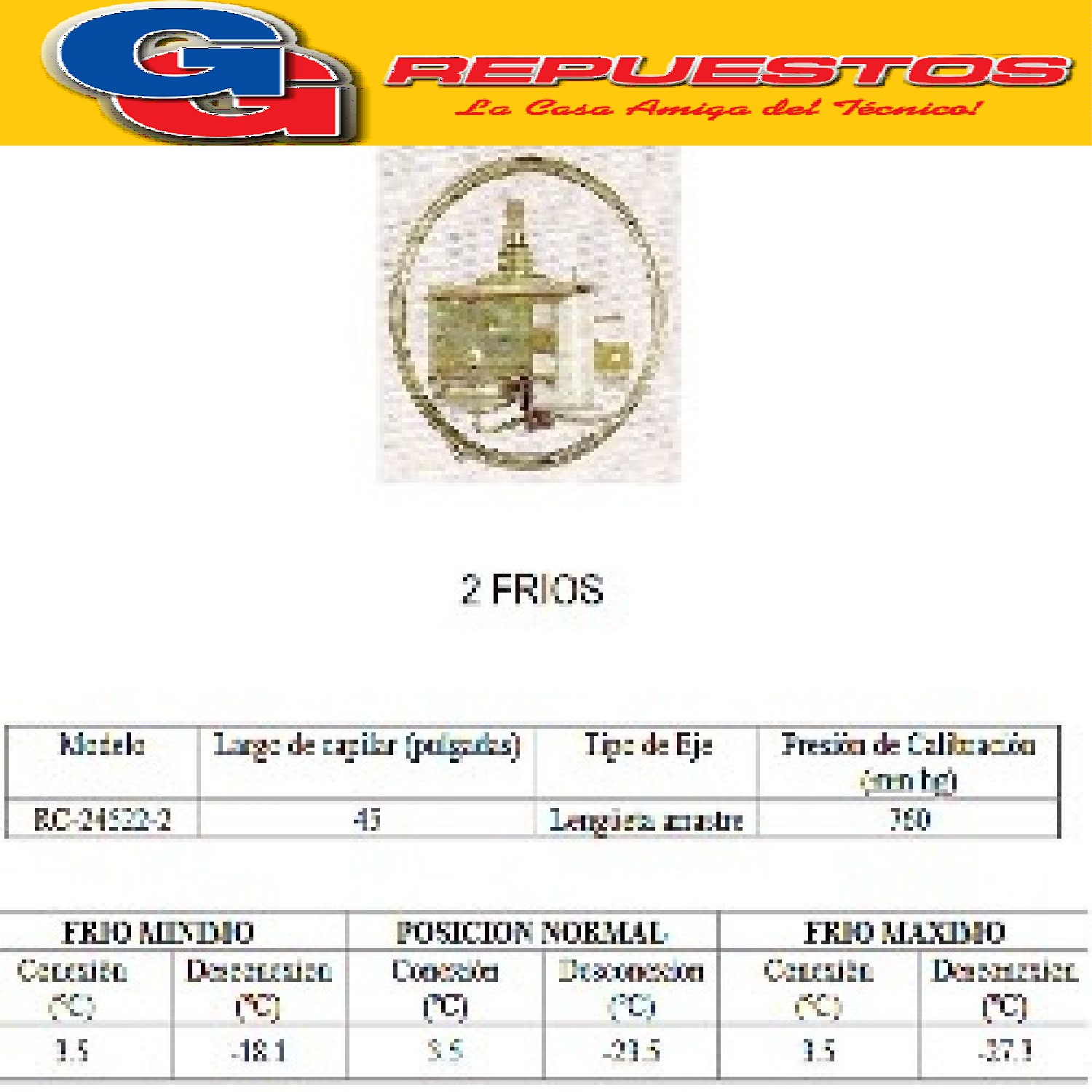 TERMOSTATO TIPO RC 24522-2S / PEABODY / 2 FRIOS 3 CONTACTOS EJE REDONDO CON LENGUETA (+3.5-18.1_-23.5_-27.3)