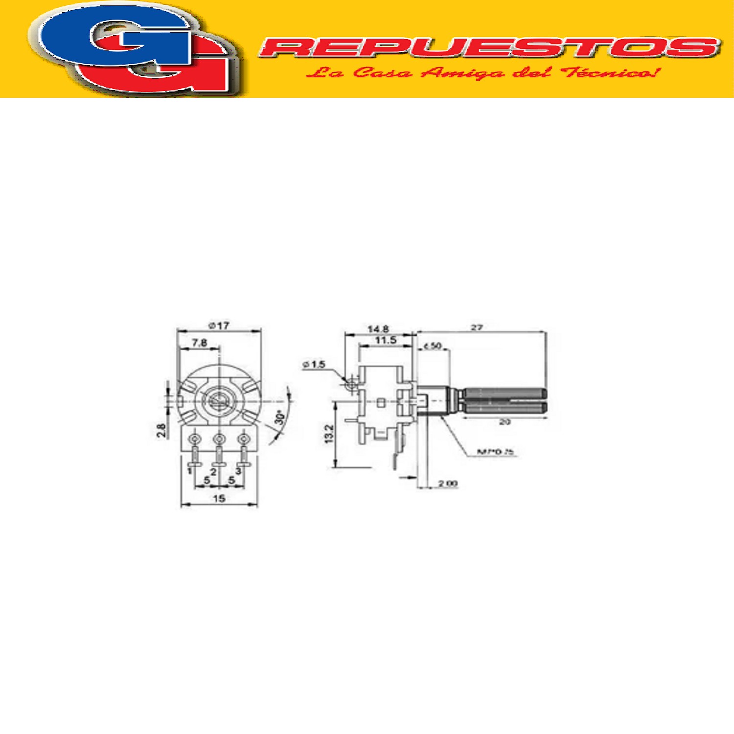 POTENCIOMETRO NCB 16D(16mm DIAMETRO)100K LOGARITMICO ESTEREO EJE PLASTICO