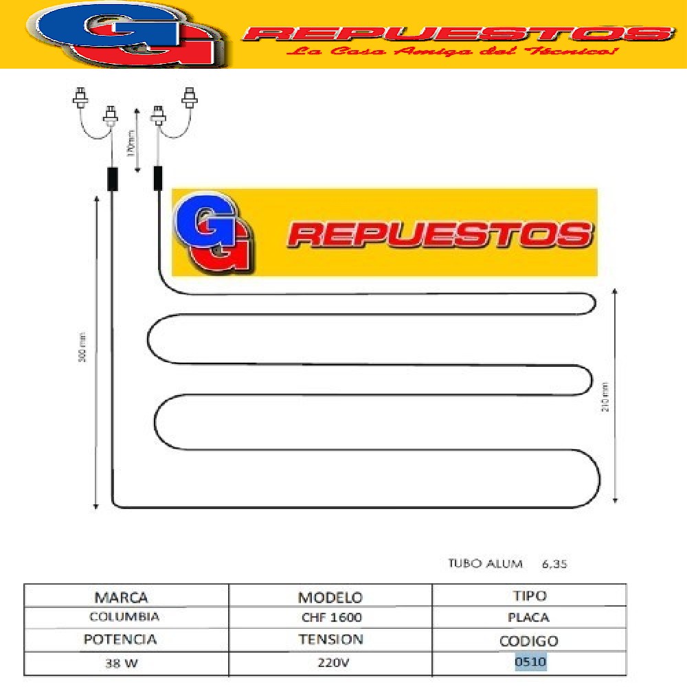 RESISTENCIA DE ALUMINIO HELADERA COLUMBIA CHF1600--0510- 220 V 38W