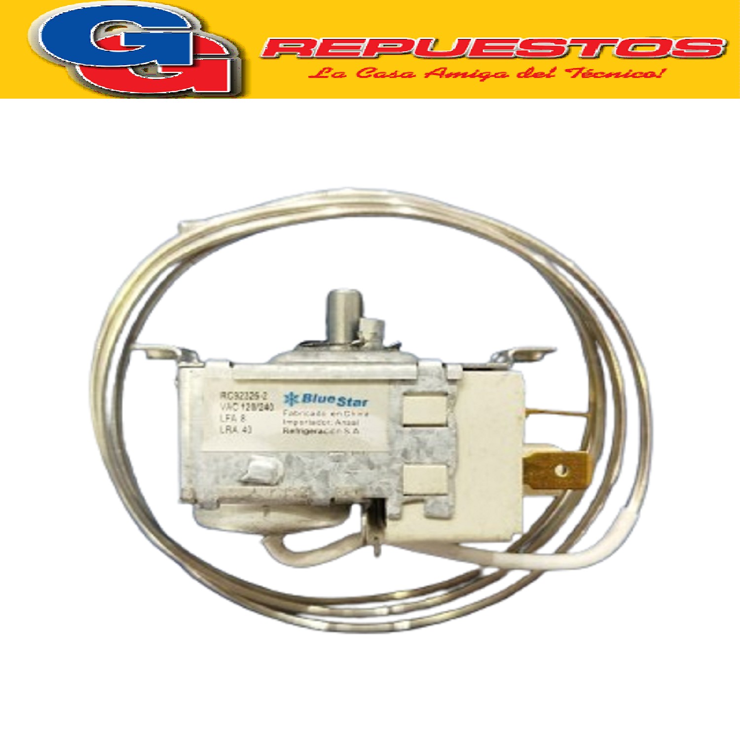 TERMOSTATO HELADERA BlueStar-RC 92326-2S Co.cte.PATRICK 2 FR IOS CON RESISTENCIA EN PLACA EVAPORADORA 3 CONTACTOS EJE REDONDO (+3.5-13.5_-17.5_-22) CAPILAR 900mm REEMPLAZO TSV-9005 TSV9005