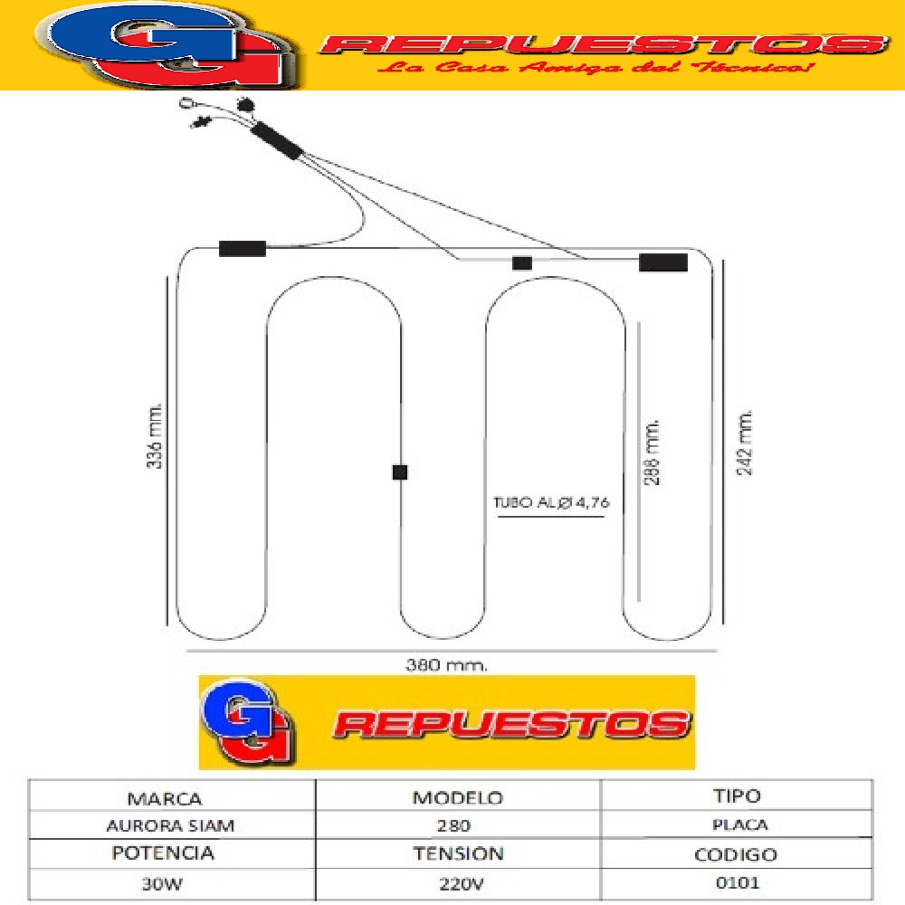 RESISTENCIA ALUMINIO HELADERA .AURORA/SIAM-280-------0101--  220V 30W