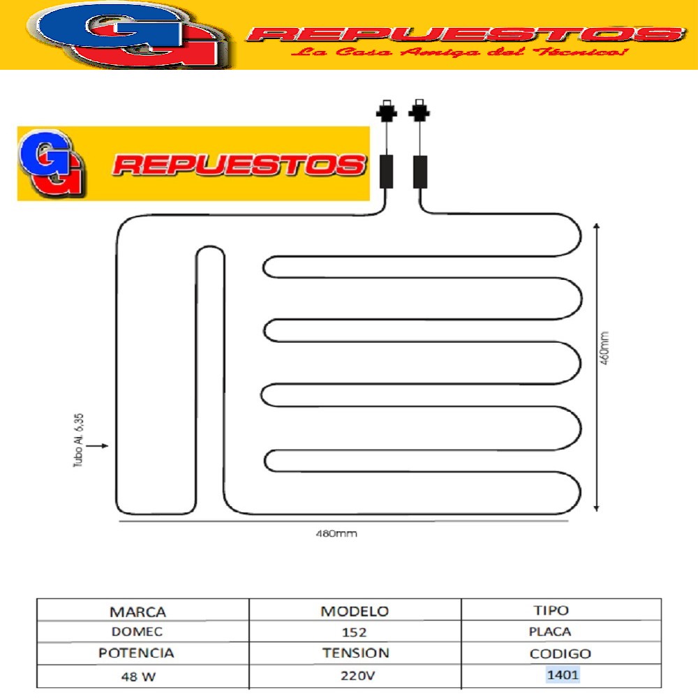 RESISTENCIA ALUMINIO HELADERA DOMEC 152 1376-----1401 220V 4 8W