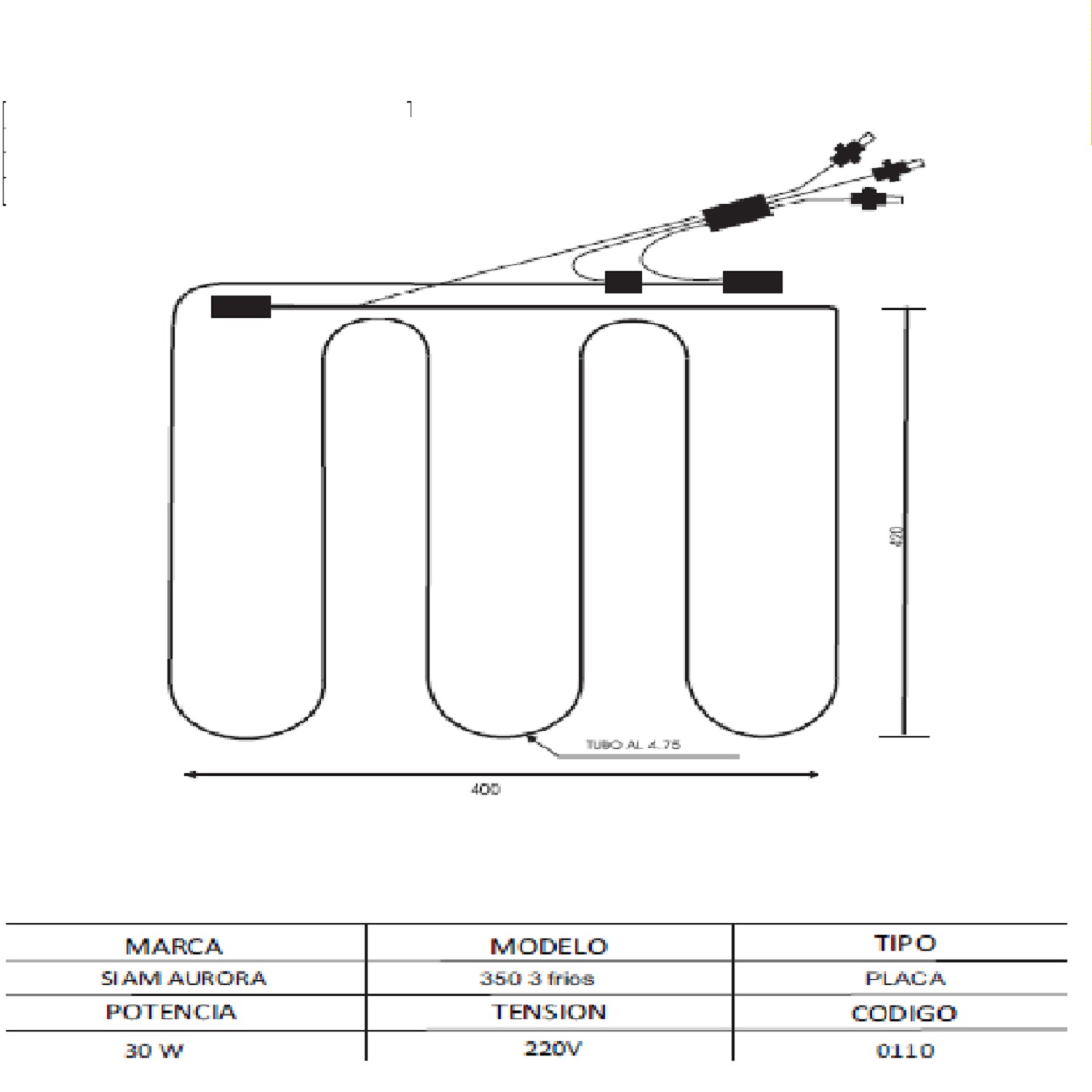 RESISTENCIA HELADERA SIAM-AURORA 350 3 FRIOS PLACA 0110 220V 30W