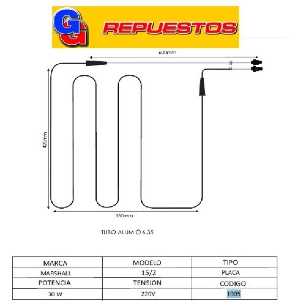 RESISTENCIA ALUMINIO HELADERA MARSHALL MTI 15/2 1005 220V 30W