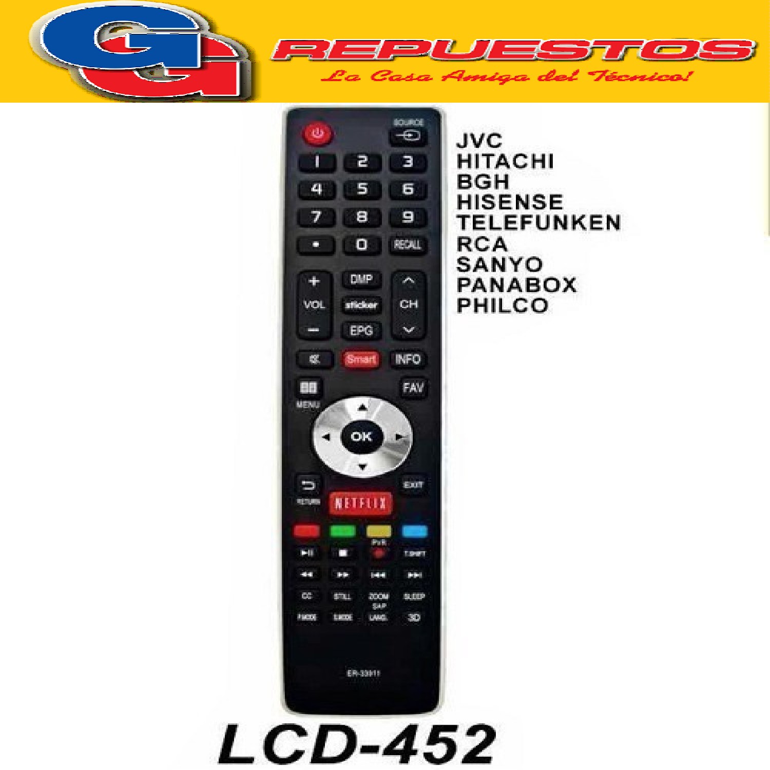 CONTROL REMOTO LED BGH SANYO/JVC NETFLIX 13843 LCD-452 SMART